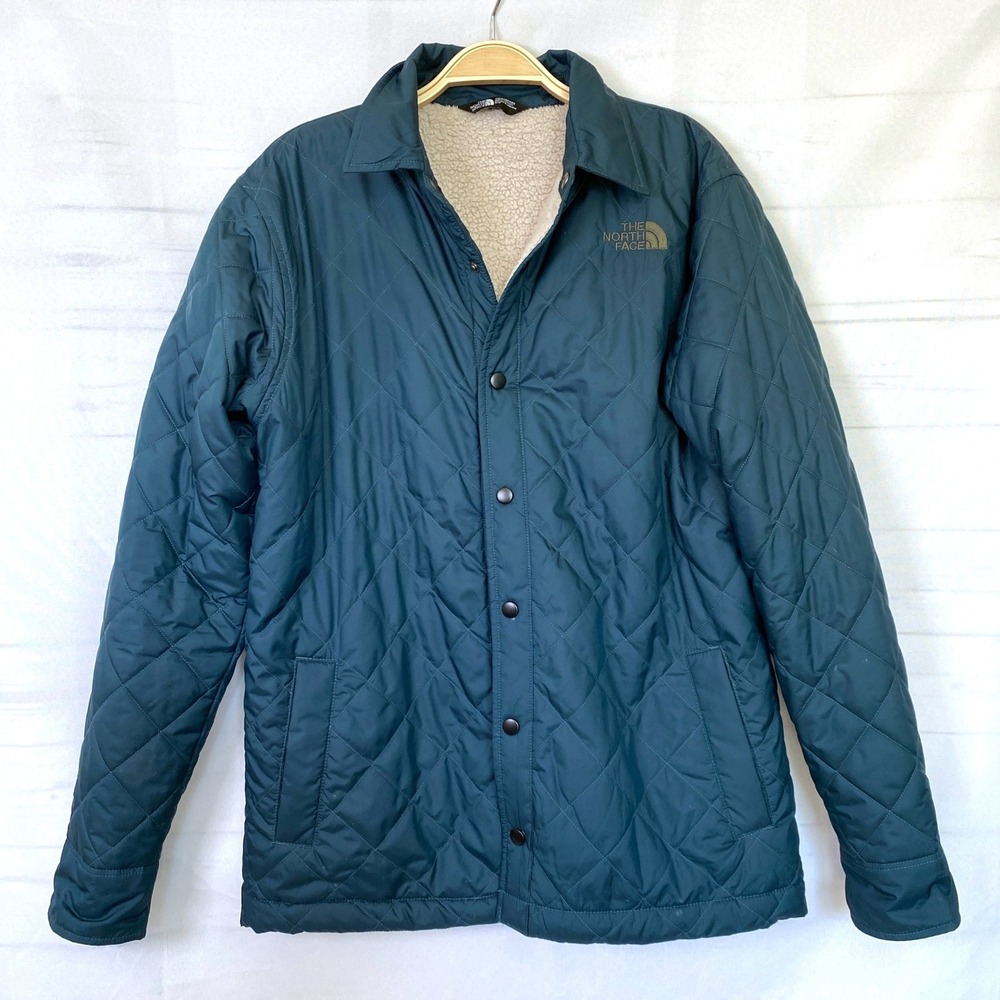 The North Face Quilted Jacket Men S Dark Teal Sherpa Lined Snap Front Outdoor